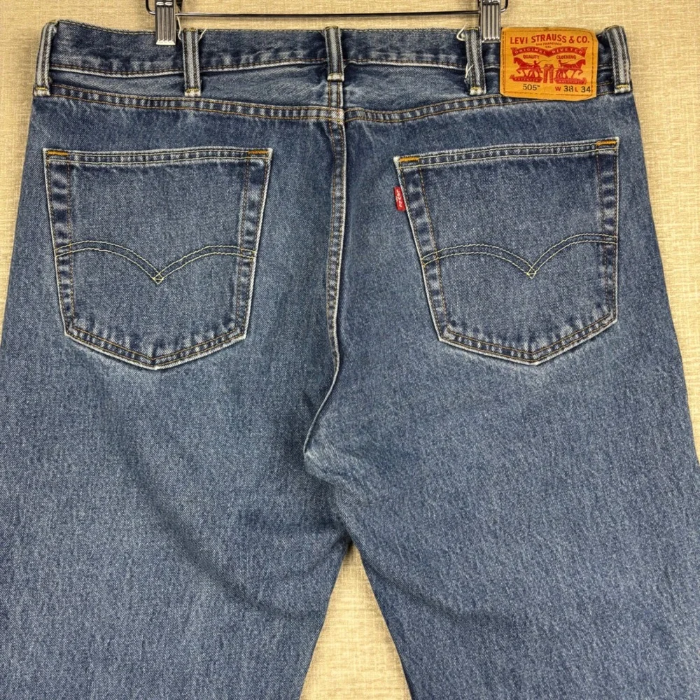 Levis 505 Mens 38x34 Jeans Medium Blue Washed Denim Workwear Fade